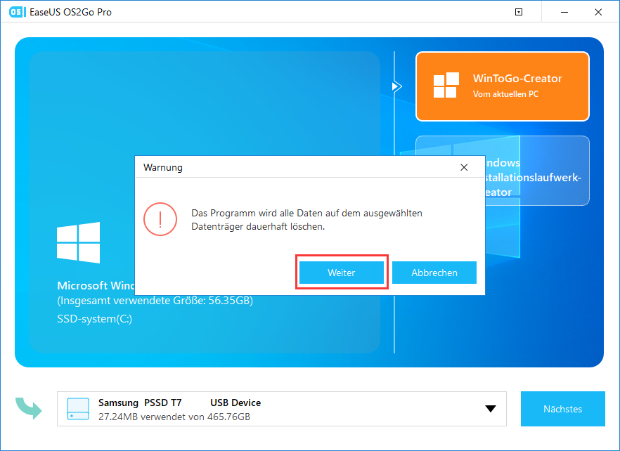 EaseUS OS2Go Warnung