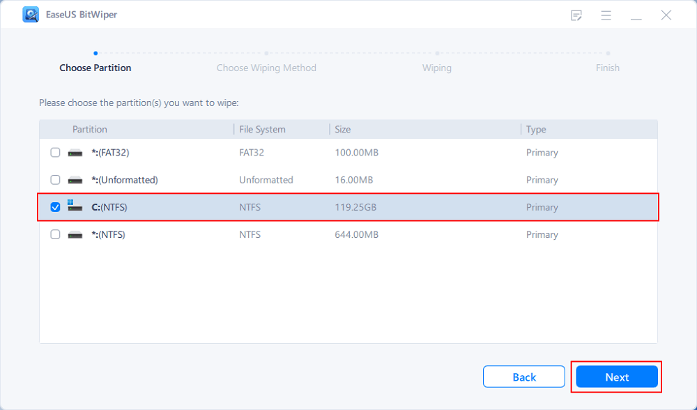 Select system C drive to wipe