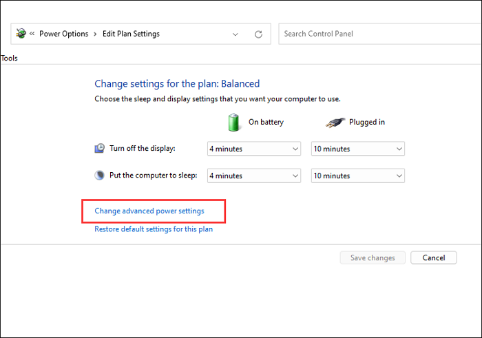 Change advanced power settings