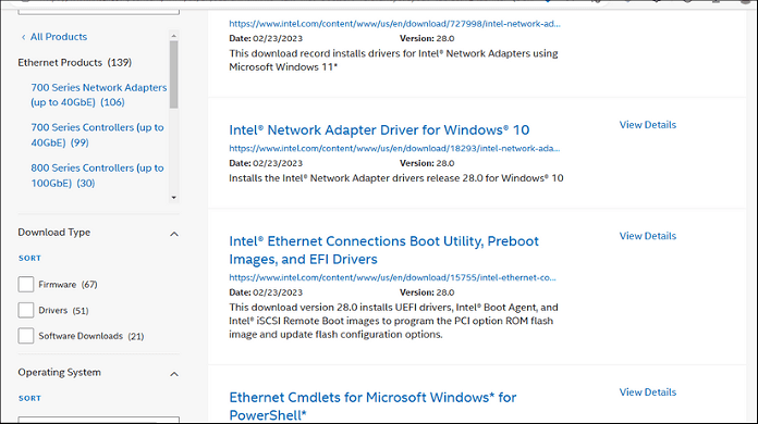 Select respective network driver to update and install