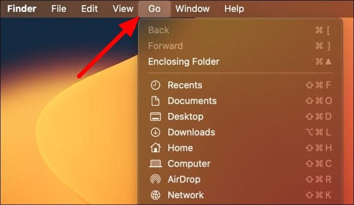 click Go, then select Go to Folder