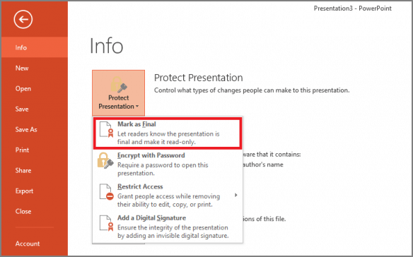 powerpoint protect presentation greyed out