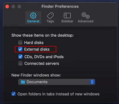 Enable external hard drive on Mac settings