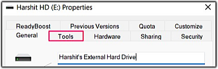 open the properties of the external hard drive