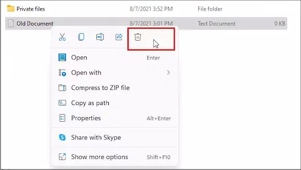 click trash bin icon in windows to delete files