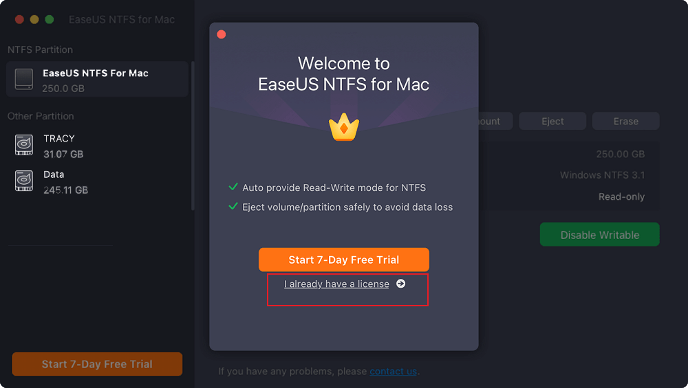 Activate EaseUS NTFS for Mac