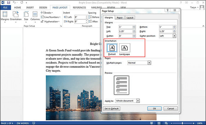 how to rotate page in word 2013