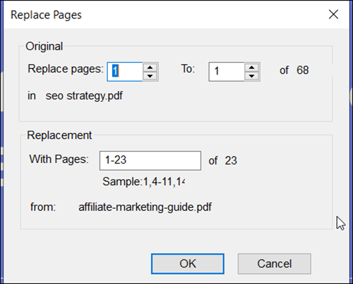 Replace pages pop up